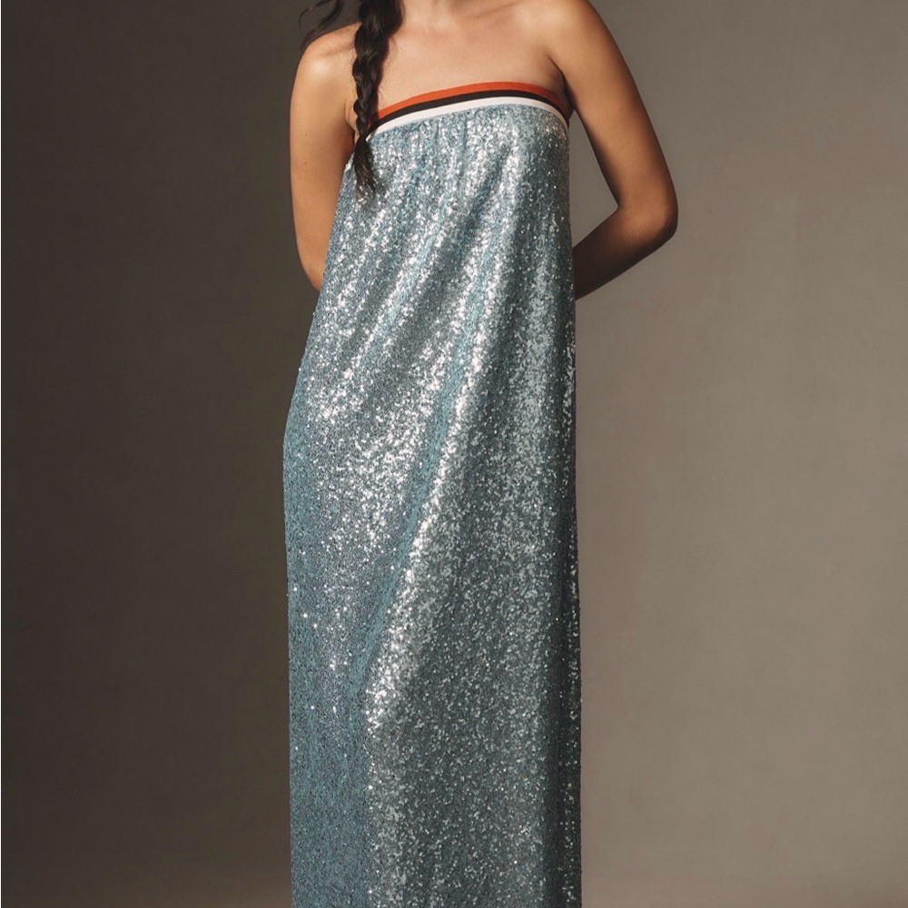 Anthropologie Strapless Sequin Maxi Dress in Light Denim with Contrast Trim